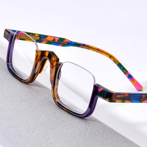 Image of HEPIDEM Matte Multicolor Acetate Glasses Frame Women,Semi Rimless Round Optical Eyeglasses