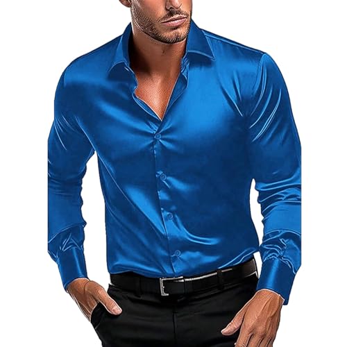 Camisa de negocios para hombre, de manga larga, sin planchado, de satén, para fiesta, boda, con pajarita a juego, de lujo, brillante, de satén, de manga larga, casual, ajustada, con botones, azul, XXL