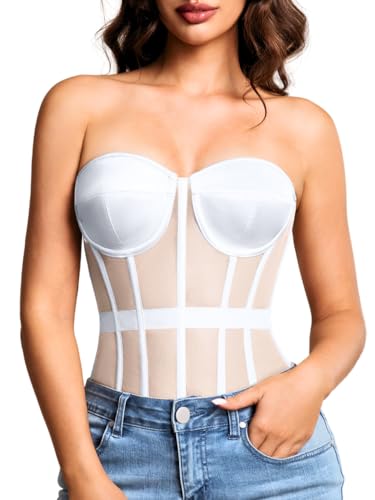 Kaei&Shi Sheer Mesh Overbust Corset,Sexy Strapless Lace Up Satin Bra Corsets Top For Women Shapewear