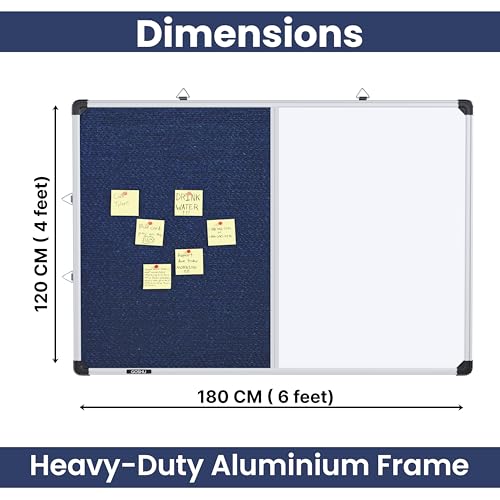 Image of GOSHU Combination 6 feet x4 feet Non Magnetic White Board with Blue Pin-up Notice Board Includes 1 Duster, 1 Marker and 50 Push up pins for Home, Office & School (Blue, 6x4 feet, Pack of 4 Items)