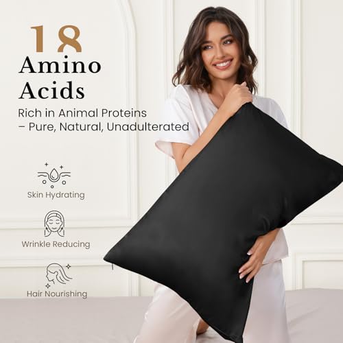Image of THXSILK 25mm 100% Pure Mulberry 6A+ Silk Pillowcase for Hair & Skin with Zipper Closure, Gift Box, Cooling, Natural, Organic, Double Sided Silk Pillow Case (Black, Queen 20 inchx30 inch, 1pc)