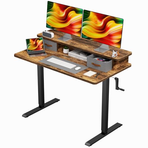 Flycity Höhenverstellbarer Schreibtisch mit Doppelschublade, 110 x 60 cm Manuell Verstellbarer Schreibtisch, Verstärktes Metallgestell aus Kohlenstoffstahl, Vintage-Braun