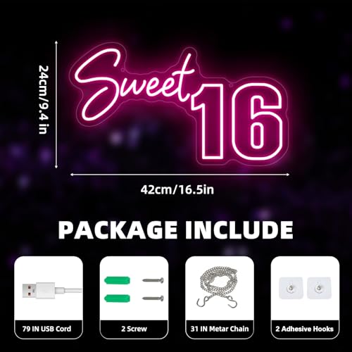Image of Sweet 16 Neon Sign, Sweet Sixteen Party Supplies, USB Powered with Dimmer Switch 16th Birthday Party Sign 16.5x9.4 inch