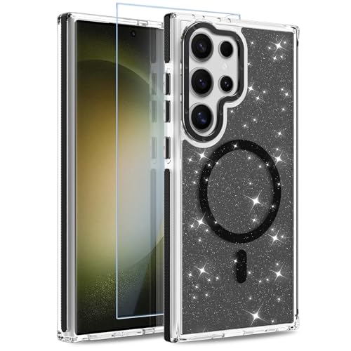 Image of Magnetic Case for Samsung Galaxy S23 Ultra [Compatible with Magsafe] [Bling Glitter Fluorescent Design] [1 Screen Protector] Slim Translucent Matte Case for Galaxy S23 Ultra 6.8 inch, Black