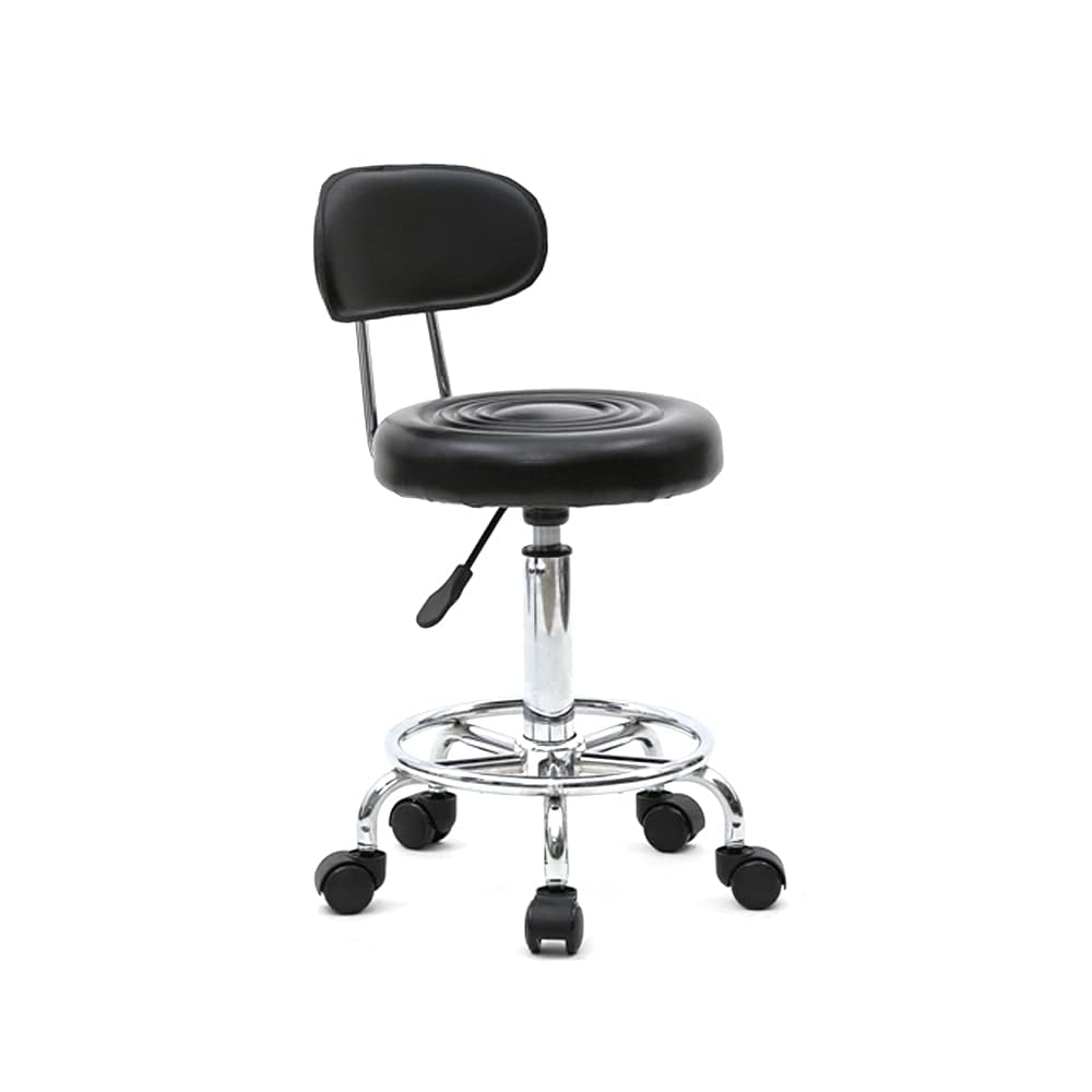 Taburete con Ruedas, Taburete Ergonómico con Respaldo, Giro de 360 Grados, Altura Ajustable de 48 a 58 cm para Oficina, Salón, Bar, SPA (1, Negro)