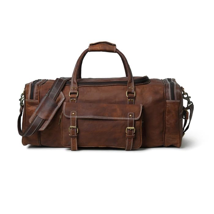24'' inch Genuine Leather Duffel | Travel Overnight Weekend Leather Bag | Sports Gym Duffel for Men | Travel Luggage Duffle Bag with Handle Tan Brown (24-inch Large)-image-3