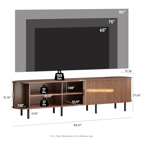 Image of 86.6 inch TV Stand with Power Outlet, Mid-Century Modern Television Stand, Fluted Media Console with Sliding Doors, Entertainment Center for TVs up to 90 Inch, Adjustable Shelves, Walnut
