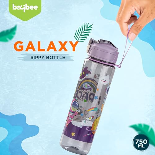Image of Baybee Galaxy Kids Water Bottle 800ml | Leak-Proof Baby Sipper Bottle with Flip Lock Lid & Silicone Straw | BPA-Free School Water Bottle for Boys & Girls, Drinking Training Sipper Bottle Kids (Purple)