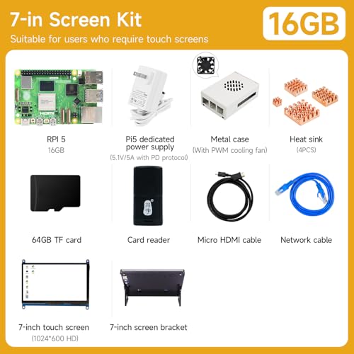 Image of Yahboom Pi 5 16GB with 27W 5.1V5A USB-C Power Supply,Pi5 Board,64GB Card Readers Kit,Pi 5 Case,Micro HD Out Cables and User Manual (Pi5 16GB, 7 in Screen Kit)