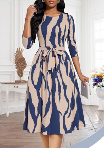 Casual Dresses for Women Midi Church A-Line Fit and Flare Dress Crewneck 3/4 Sleeve Party Dress2