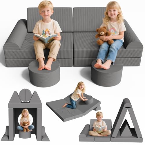 MAMIZO Spielsofa Cord, Kindersofa-Bausteine, 15-Teiliges Modulare Kinderspielcouch, Spielsofa für Kinder, Kindercouch Aufklappen Oeko-TEX, kreatives Spielen für Kuschelecke im Kinderzimmer (Grau)