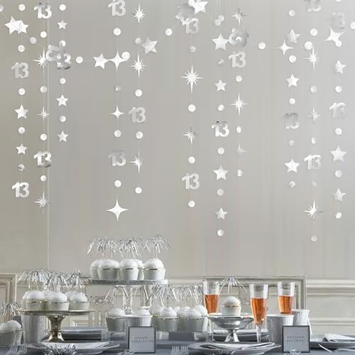 Image of Silver 13th Birthday Decorations Number 13 Circle Dot Twinkle Star Garland Metallic Hanging Streamer Bunting Banner Backdrop Girls Boys 13 Years Old Birthday Thirteen Official Teenager Party Supplies