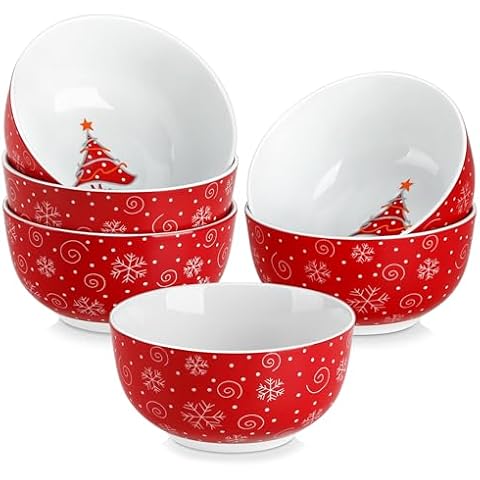 VEWEET Christmas Cereal Bowls Set of 6, 24 OZ Soup Bowls for Kitchen, Ceramic Bowls Set for Cereal, Soup, Rice, Snacks, Microwave & Dishwasher Safe, Series Christmas Tree Cover