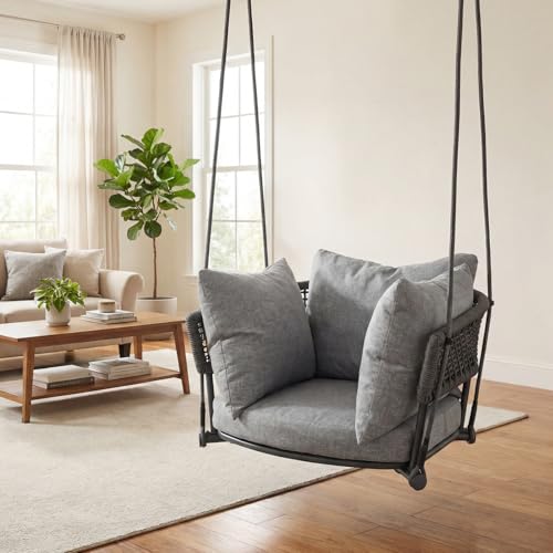 Image of Single Porch Swings Chair with Cushions, Hanging Rope Swing, Hanging Chair for Bedroom, Hammock Chairs Swing Indoor & Outdoor, Macrame Hanging Swinging, Patio, Balcony, Light Grey