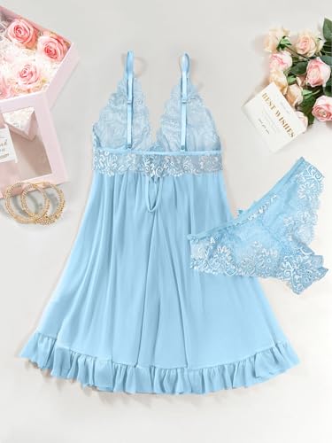 Image of Foxiny Sexy Open Front V Neck Ruffle Sheer Mesh Lace Wireless Babydoll Lingerie Dress with Thong 2 Piece