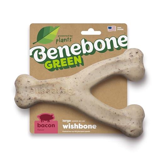 Dog Bones for Modest Chewers: Benebone Green Plant-Based Real Bacon Wishbone Dog Chew Toy for Large Dogs Made in USA