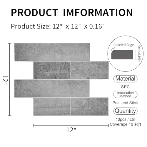 COLAMO Luxury 10PCS Peel and Stick Backsplash, Medium Gray Peel and Stick Wall Tile for Kitchen Backsplash, Faux Stone Large Subway Tile Stick on Backsplash for Bathroom,RV,Accent Wall