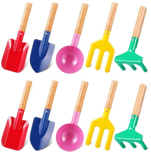 LATERN 10 Piezas Herramientas de Jardinería para Niños, 20CM Juguete de Playa Metal Cuchara Tenedor Paleta Rastrillo con Mango de Madera para Jardín Tierra Trasplante Verano Playa Arenero Excavación