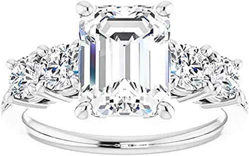 Moissanite World 4 Ct Emerald Cut Colorless Moissanite Engagement Ring, Wedding/Bridal Ring Set Solitaire Classic Halo Solid Sterling Silver Vintage Antique Anniversary (8.5) #TOP20