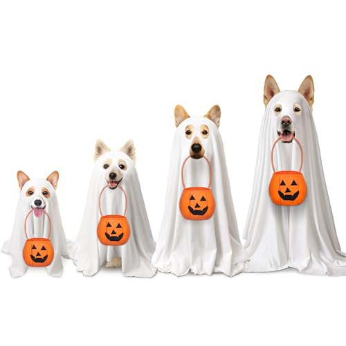 Huhumy 2 Pcs Halloween Dog Costumes with Non Woven Pumpkin Bags White Ghost Costume for Dog Cat Ghost Cosplay Clothes Cute Party Cape for Halloween Cosplay Party(Large)