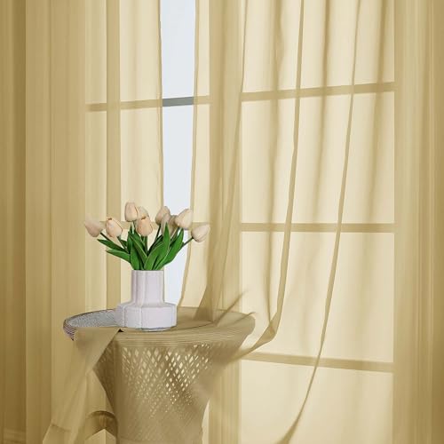 Image of OWENIE Extra Long Gold Sheer Curtains 96 Inches Long 2 Panels Set, Soft Lightweight Airy Voile Sheer Curtain for Bedroom Living Room, Rod Pocket Solid Color Farmhouse Curtains, 59 inch Wx96 L Inch