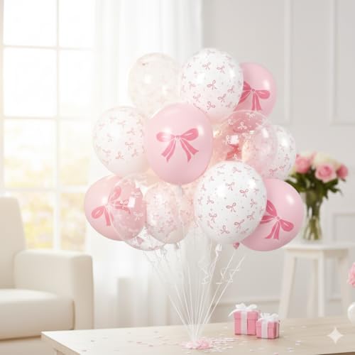 Image of AFTERLOON Biodegradable Natural Rubber Latex 35 pcs Pastel Pink Clear White with Large Ribbon Bow Printed 12 Inch Set, Plastic-Free Alternative Thickened Extra Strong Latex Helium Float Garland Arch