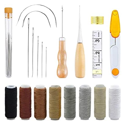 PLABBDPL Leder Werkzeuge Set,Hand Ledernadeln + 8 Rollen Leder Wachsfaden (50 m),Mit Schraubendreher,Spule,Greifer,Kegelnadel,DIY Handwerk Ledernähset Nähzubehör,für Lederreste Lederbearbeitung Bastel Cover