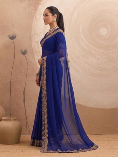 Image of Women's Georgette Embroidery Border Beads work Saree with Blouse Piece