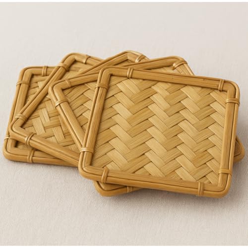 Image of Saras Aajeevika 6 Pc Set of Eco Friendly Handmade Bamboo Sqaure Curved Coaster /Coster Holder for Kitchen Decor Hot Pots, Tea Cups, Coffee Mugs, Glasses Coaster Sets