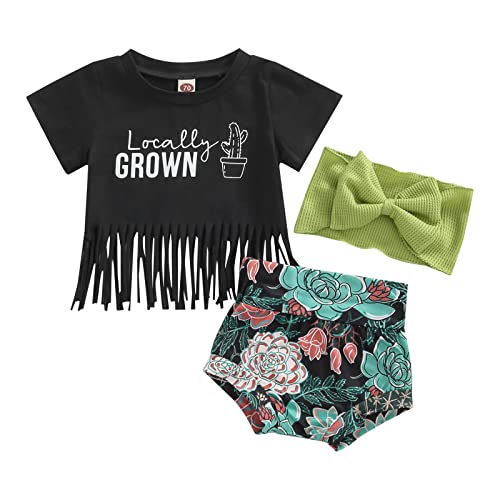 Image of Newborn Infant Baby Girl Outfit 3pcs Letter Print Western Clothes Sets Short Sleeve Tassel T-Shirts Shorts