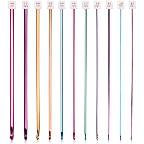 Image of HASTHIP 11PCS Long Crochet Hook Set, 2.0-8mm Aluminum Knitting Needles Set Crochet Hooks, Beginners Metal Multicolour Knitting Tools Set Knitting & Crochet Supplies for Beginners