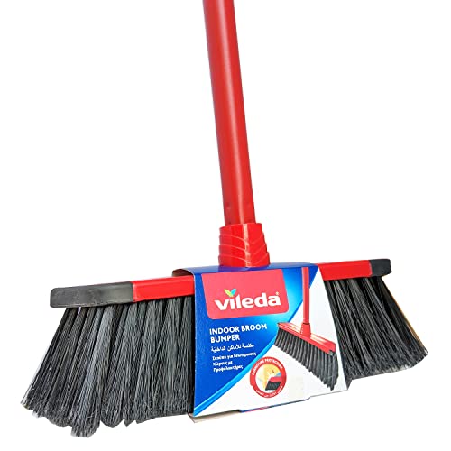 Vileda Red Indoor Broom with Rubber Bumpers| Protects Furniture & Walls| Strong Bristles for Dust| Hair + Small Particles Single Unit | Ideal for sweeping dust| crumbs and hair on indoor floors