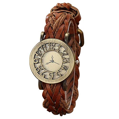ELECTROPRIME Ladies Retro Style Hollow Quartz Leather Hemp Rope Woven Belt Watch W6U1