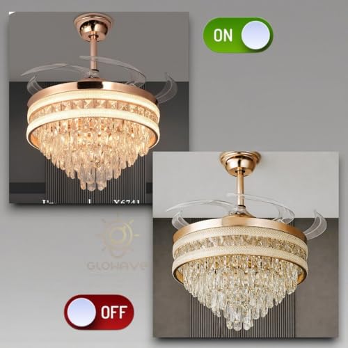 Image of Glowave 52 Inch Black Gold Crystal Chandelier Fan 3 Colors Light Speed Setting 6 Fan Blades Remote Control Ceiling Fan for Kitchen, Cafes, Hotels, Dining, Bar (FI 7641)