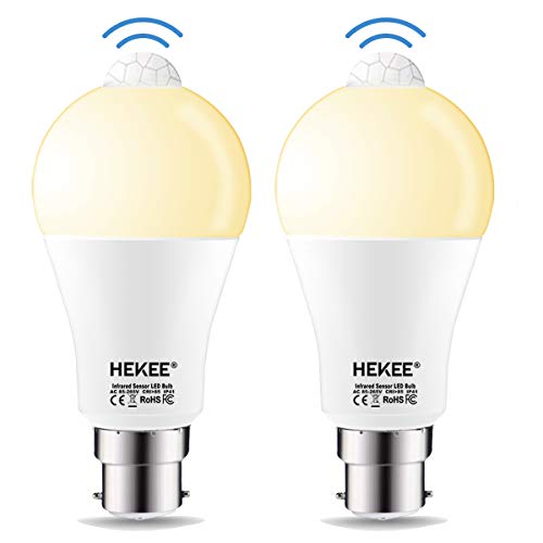 HEKEE PIR Motion Sensor Light Bulb B22 15W (100W Incandescent) A60 Bayonet Cap, Warm White 3000K, Equivalent (2 Pack)