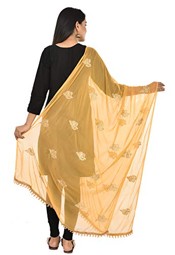 Image of YOUTHQUAKE Golden Patti Embroidered Work Chiffon Dupatta for Womens & Girls with Jaalar Lace