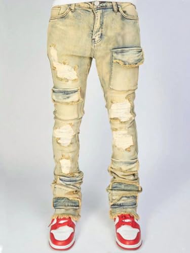 Mens Skinny Jeans Straight Leg Ripped Distressed Grunge Punk Rock Frayed Stacked Jeans2