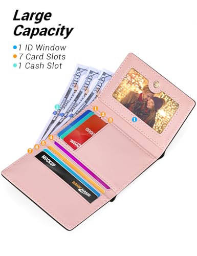 YINHEXI Wallet Women, Small Cute Womens Wallet with Fruit Pattern, PU Leather Trifold Card Holder with 7 Card Slots and ID Window (Black Strawberry)2