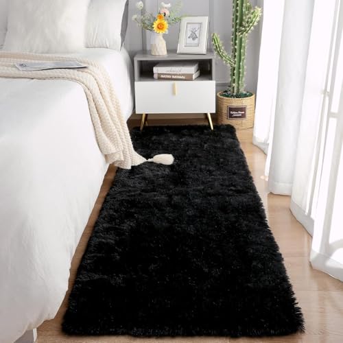 Image of Carpet for Hallway, Kitchen, and Modern InteriorsCarpetCozy Shag Runner for Living Room, Bedroom & Office Decor ETC Size 2x7 feet, Patten-Solid Black