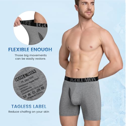IGOLUMON Men’s Underwear Boxer Briefs 6-Pack Breathable Bamboo Rayon Soft Boxer for Men with Fly Underwear Trunks4