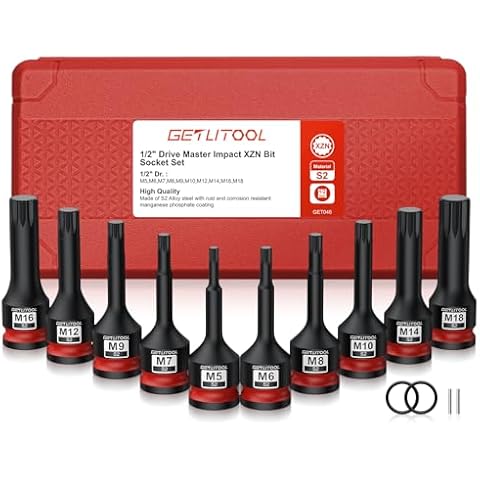 GETLITOOL 10Pcs Impact XZN Bit Socket Set, 1/2" Drive S2 Steel Impact XZN Triple Square Spline Bit Socket Set with Size-marked & Storage Case M5-M18 for Automotive Repair, Mechanical Maintenance Cover