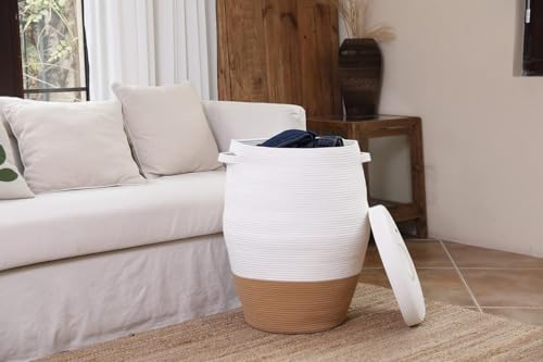 Image of Storage Cotton Rope Basket and Laundry Hamper for Dirty Clothes, Towels, Blankets, Pillows Storage in Living Room, Laundry Room and Bedroom (Beige White With Lid, 14x18 Inch)