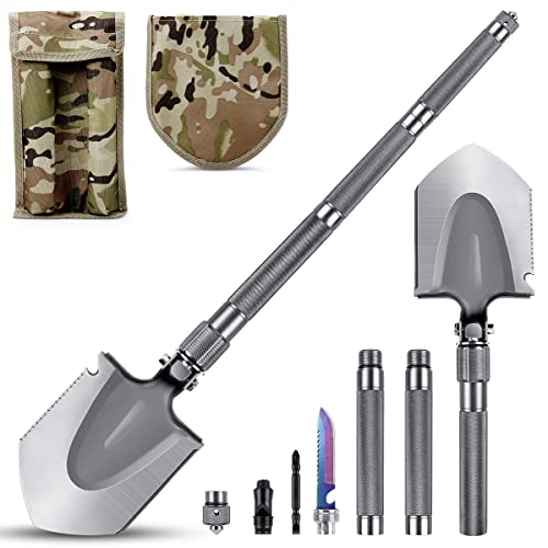 Survival Shovel Multitool, MOSFiATA Camping Folding Shovels, 16 in 1 Military Shovel with 17.7-29.9inch Lengthened Handle and Adjustable Non-Slip Aluminum Tube for Camping Car Hiking Garden etc.
