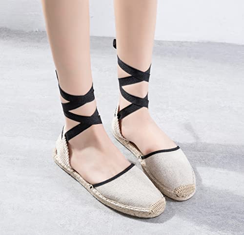 Image of Women's Espadrille FLat Sandals Closed Toe Ankle Wrap,Classic Lace Up Summer Dressy Flat Shoes