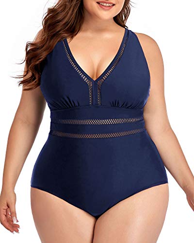 Daci Women Navy Blue Plus Size One Piece Swimsuits Sexy V Neck Backless Bathing Suit 20 Plus