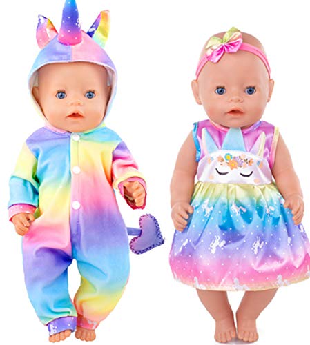 iBayda Total 2 Set Rainbow Colorful Unicorn Doll Clothes Rompers Dress and Headband for 43cm New Born Baby Dolls and 18 inch Dolls Like American Girl Doll