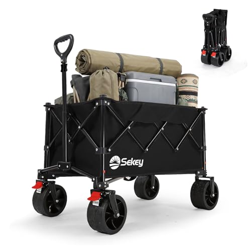 Sekey Heavy Duty Festival Trolley 150KG Load Folding Camping Trolley 135L All-Terrain Beach Wagon (7kg Lightweight) with 8.5cm Wide Wheels & Dual Brakes Pull Along Cart Black