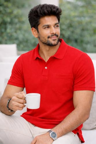 Image of Premium Pique Cotton Pocket Polo T-Shirt for Men | 210-220 GSM | Regular Fit | 2-Button Placket | Soft Breathable Fabric | XS-3XL