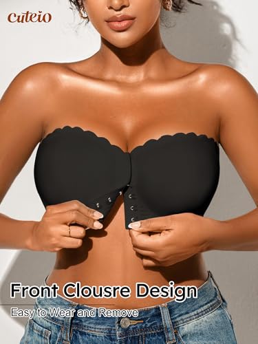 Image of Strapless Bras for Women, XS-XL, Front Closure Anti-Slip Comfortable Bandeau Top, Wavy Edge Padded Bra