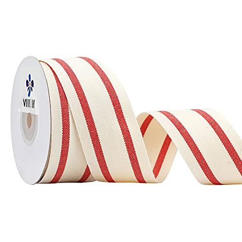 MEEDEE Natural Cotton Stripes Fabric Ribbon 1-1/2 inch Red and White Stripe Ribbon for DIY Crafts Gift Wrapping Home Decor Sewing (10 Yards)